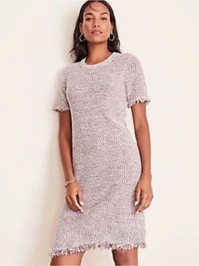 Ann Taylor Light Mauve Knit Short Sleeve Fringe Tweed Sweater Midi Dress